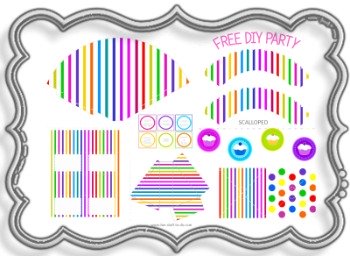 Fun free candy party decorations with candy color stripes. Party hat, cake box, pinwheel pattern, cupcake sleeves, fun tags, fun cake toppers and more. DIY party decor printable.