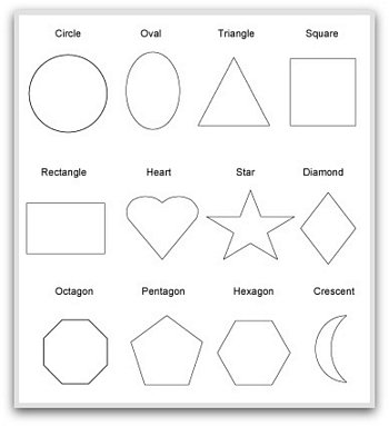 Several collections of basic 2D two dimensional, solid 3D three dimensional geometric shapes to print. Designs, patterns to cut, 3D math nets to fold paper models, printable coloring, math worksheets.