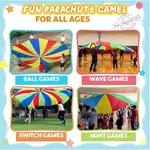 Exciting, active, challenging and lively parachute games. Outdoor fun for physical education, team building, youth group, family reunion, party, office events