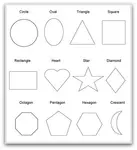 Several collections of basic 2D two dimensional, solid 3D three dimensional geometric shapes to print. Designs, patterns to cut, 3D math nets to fold paper models, printable coloring, math worksheets.