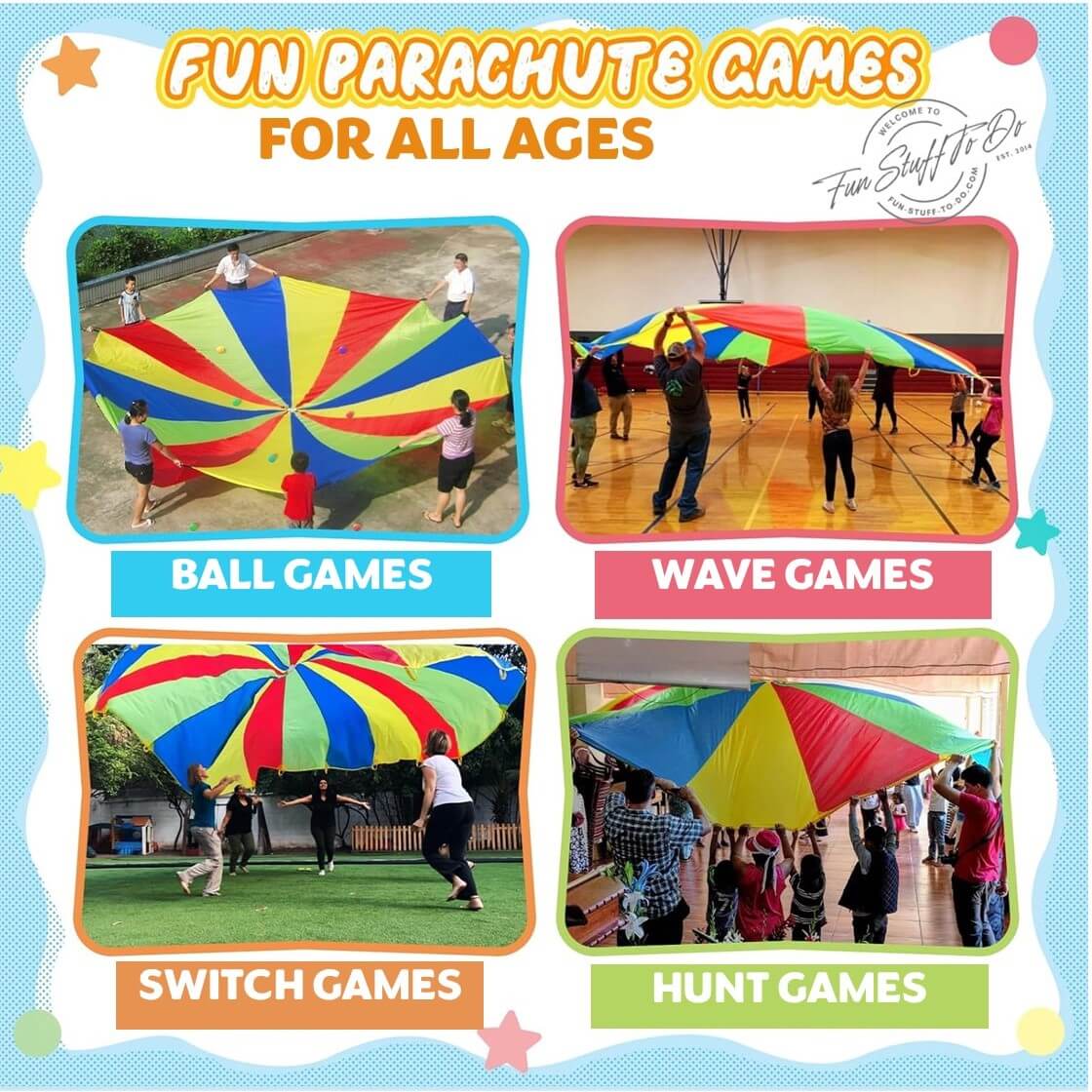 Exciting, active, challenging and lively parachute games. Outdoor fun for physical education, team building, youth group, family reunion, party, office events