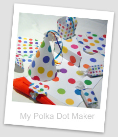 polka dots, party decorations, candy wrappers, place mats, party hat, cake slice box, favor bag, Serviette Holder