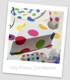 polka dots, party decorations, cake slice box, drink parasol, chocolate bar wrapper