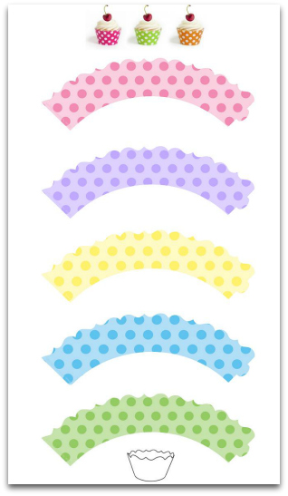 Very sweet printable polka dot cupcake wrappers with a cute easy to cut trim. Pink, Blue, Green, Purple and Yellow polka dots. Easy "How to make" tutorial included, can fit all cupcakes.  