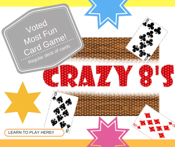 Learn to play Crazy Eight, a super fun group card game, easy enough for all ages in the family. The perfect indoor group game for poor weather. Only a regular deck of playing cards needed.