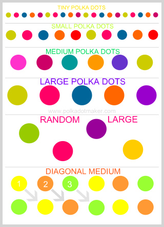polka dot size chart, printable sizes, random, diagonal, tiny, small, medium, large, A4 size, my polka dot maker