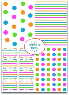 polka dots, stripes, pink, green, blue, orange