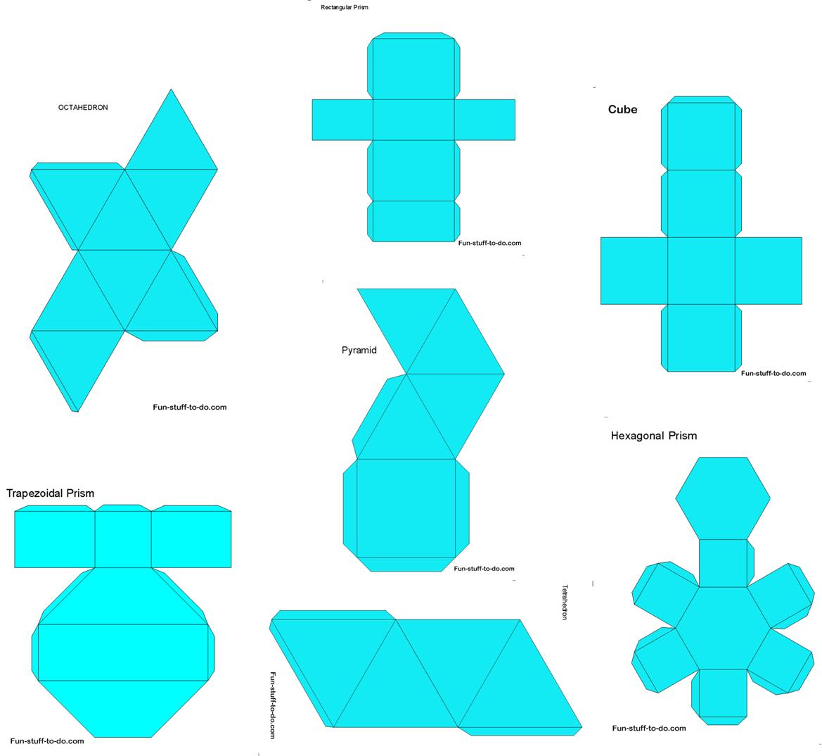 19 Free geometric shapes worksheets to print, cut, color, outline, name, learn to draw and identify. Basic 2 dimensional shapes, polygons and solid 3 dimensional shapes in easy to understand format.