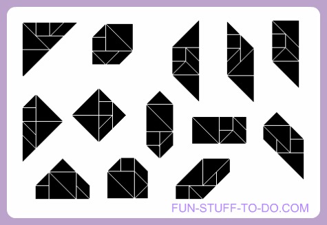 Printable tangram puzzles, patterns and shapes in various colours. Clear outline template for coloring in or to print on decorative paper. Black silhouette pattern. All  in small and large sizes.